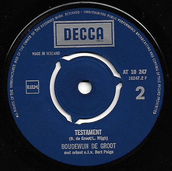 Boudewijn de Groot : Het Land Van Maas En Waal / Testament (7", Single, Mono)