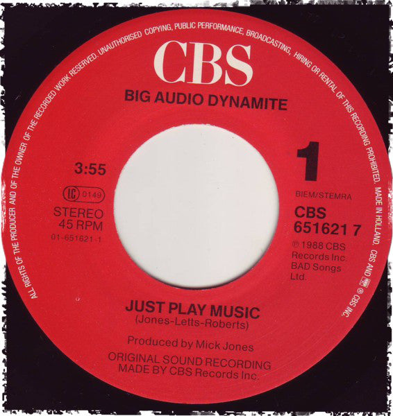 Big Audio Dynamite : Just Play Music! (7", Single)