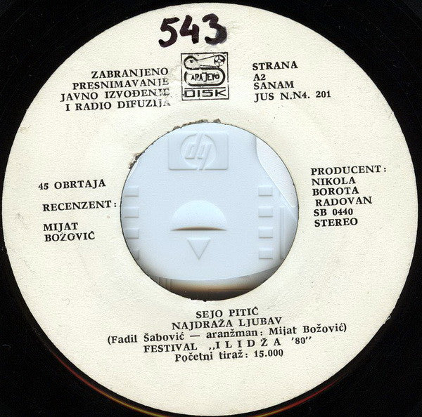 Sejo Pitić : Plava Žena / Najdraža Ljubav (7", Single)