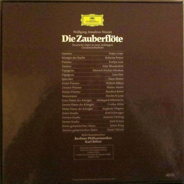Wolfgang Amadeus Mozart - Karl Böhm Conducts; Evelyn Lear, Roberta Peters, Lisa Otto, Franz Crass, Dietrich Fischer-Dieskau, Hans Hotter, Fritz Wunderlich, RIAS-Kammerchor, Berliner Philharmoniker : Die Zauberflöte (Box, RE + 3xLP)