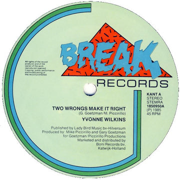 Yvonne Wilkins : Two Wrongs Make It Right (12", Maxi)