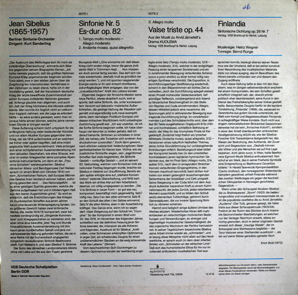 Jean Sibelius - Berliner Sinfonie Orchester, Kurt Sanderling : Sinfonie Nr. 5, Finlandia, Valse Triste (LP, RP, Bla)