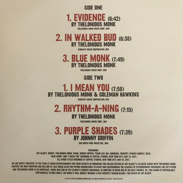 Art Blakey & The Jazz Messengers With Thelonious Monk : Art Blakey's Jazz Messengers With Thelonious Monk (2xLP, Album, Mono, Dlx, RM, 180)