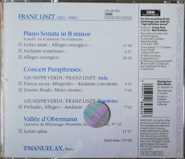 Franz Liszt, Emanuel Ax : Sonata In B Minor / Concert Paraphrases: Aida Rigoletto / Vallee D'Obermann (CD, RP)