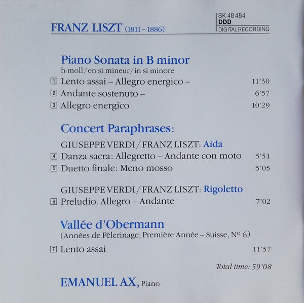 Franz Liszt, Emanuel Ax : Sonata In B Minor / Concert Paraphrases: Aida Rigoletto / Vallee D'Obermann (CD, RP)