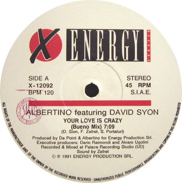 Albertino Featuring David Syon* : Your Love Is Crazy (12")