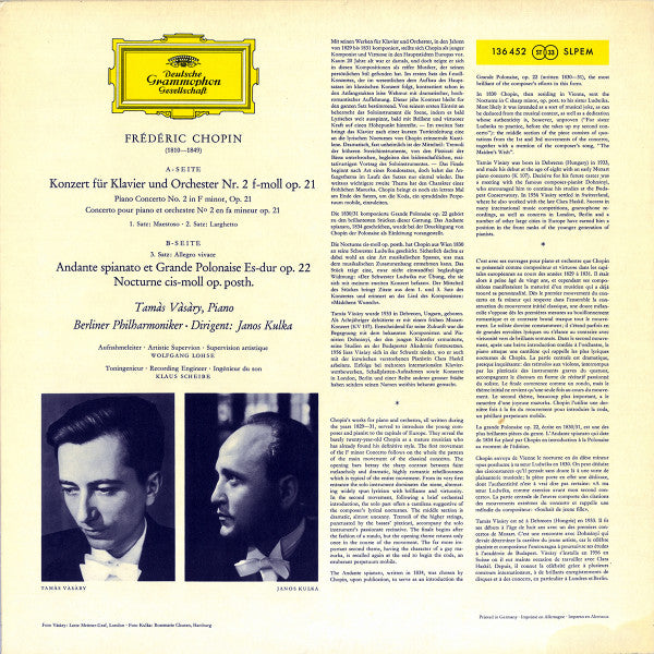 Frédéric Chopin, Tamás Vásáry, Berliner Philharmoniker, Janos Kulka : Klavierkonzert Nr. 2 F-moll / Andante Spianato Et Grande Polonaise ∙ Nocturne (LP, Album, RE)