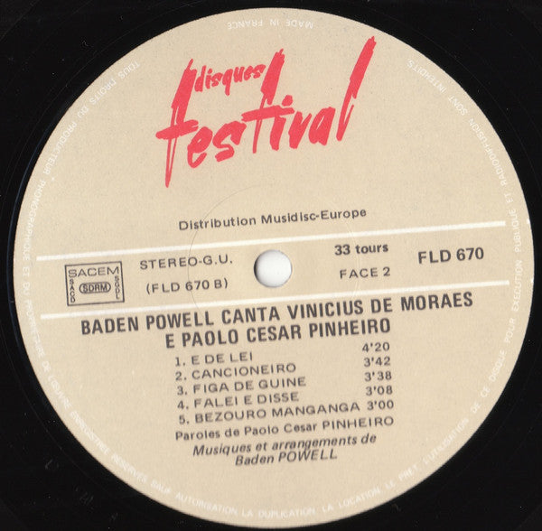 Baden Powell : Canta Vinícius De Moraes E Paolo César Pinheiro (LP, Album, Gat)
