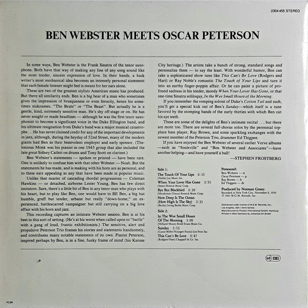 Ben Webster / Oscar Peterson : Ben Webster Meets Oscar Peterson (LP, RE)
