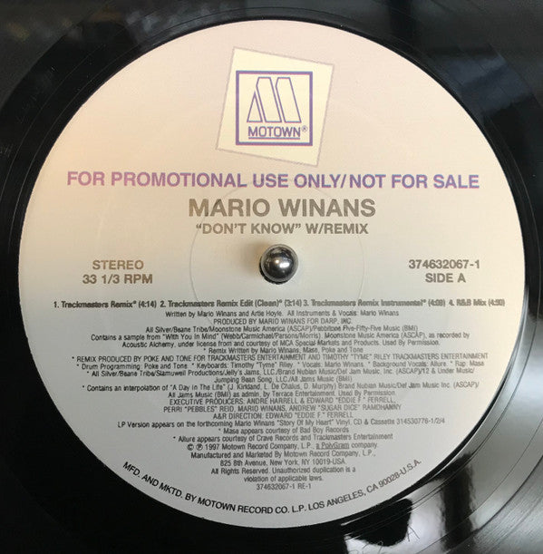Mario Winans : Don't Know W/Remix (12", Promo)