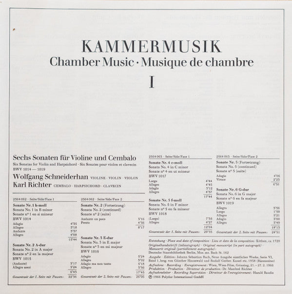 Johann Sebastian Bach : Kammermusik I / Chamber Music I / Musique De Chambre I (7xLP + Box, Comp)