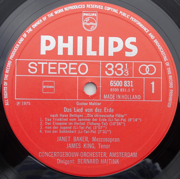 Mahler* - Janet Baker / James King (3), Concertgebouw Orchester = Concertgebouw Orchestra, Amsterdam*, Bernard Haitink : Das Lied Von Der Erde (LP)