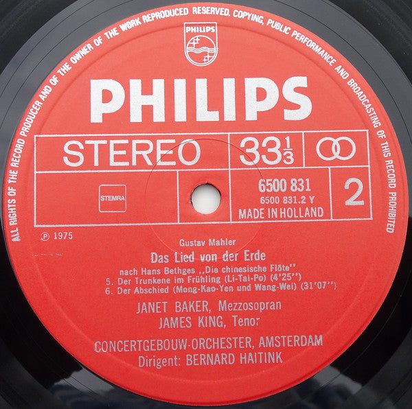 Mahler* - Janet Baker / James King (3), Concertgebouw Orchester = Concertgebouw Orchestra, Amsterdam*, Bernard Haitink : Das Lied Von Der Erde (LP)