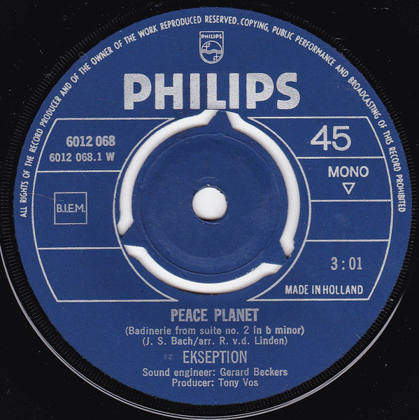Ekseption : Peace Planet (Badinerie From Suite No.2 - J.S. Bach) / On Sunday They Will Kill The World (7", Single, Mono)