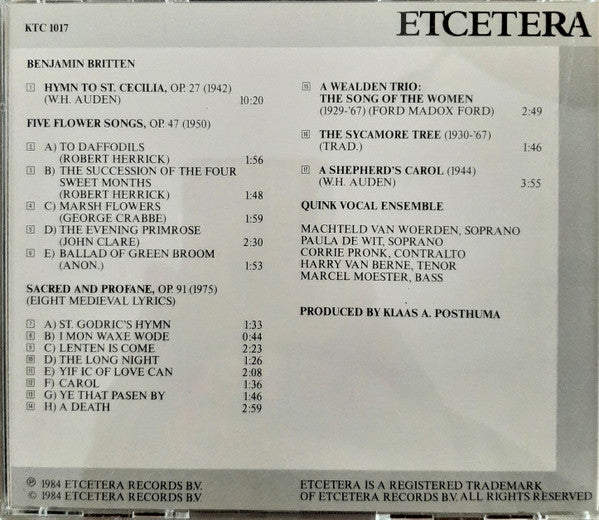 Benjamin Britten - Vocal Ensemble Quink : Hymn To St. Cecelia / Sacred And Profane (CD)