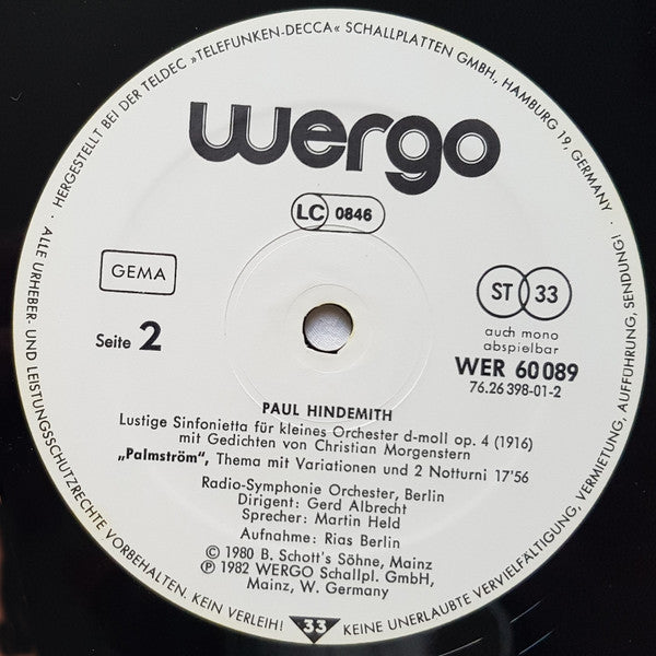 Paul Hindemith - Radio-Symphonie-Orchester Berlin, Gerd Albrecht, Martin Held : Lustige Sinfonietta (LP)