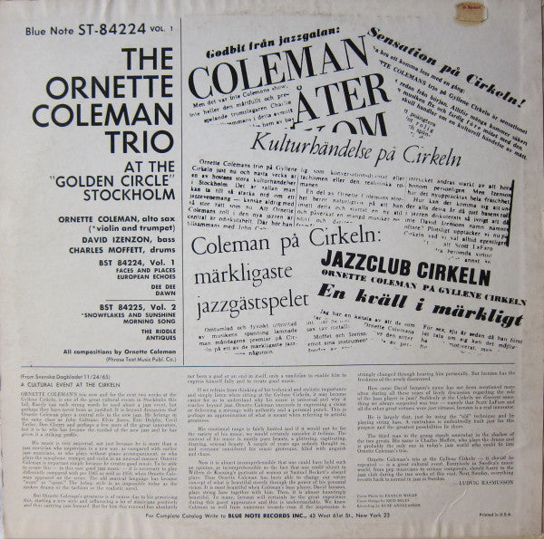 The Ornette Coleman Trio : At The "Golden Circle" Stockholm - Volume One (LP, Album)