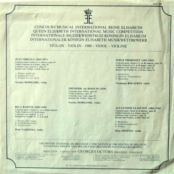 Yuzuko Horigome, Peter Zazofsky, Véronique Bogaerts, Irina Tseitlin, Jean Sibelius, Sergei Prokofiev, Alexander Glazunov, Frederik Van Rossum, Béla Bartók : Violon - Violin - 1980 - Viool - Violine (3xLP + Box)