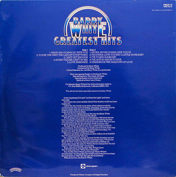 Barry White : Greatest Hits (LP, Comp, RE)
