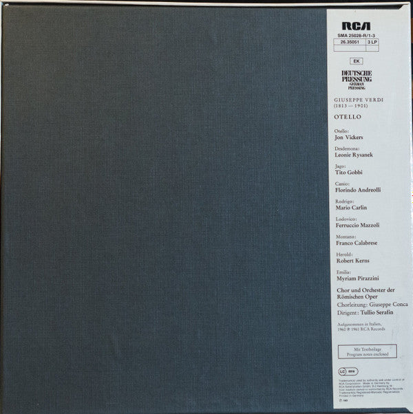 Giuseppe Verdi, Jon Vickers · Leonie Rysanek · Tito Gobbi, Coro Del Teatro Dell'Opera Di Roma Und Orchestra Del Teatro Dell'Opera Di Roma, Tullio Serafin : Otello (3xLP, Album + Box)