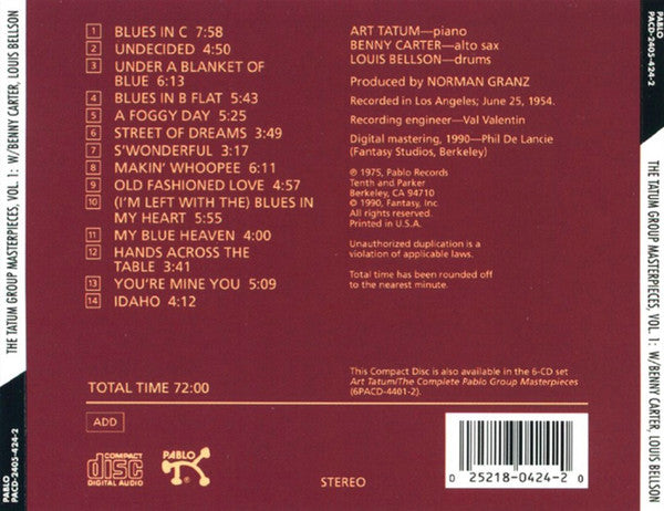 Art Tatum / Benny Carter / Louis Bellson : The Tatum Group Masterpieces, Volume One (CD, Comp, RE)