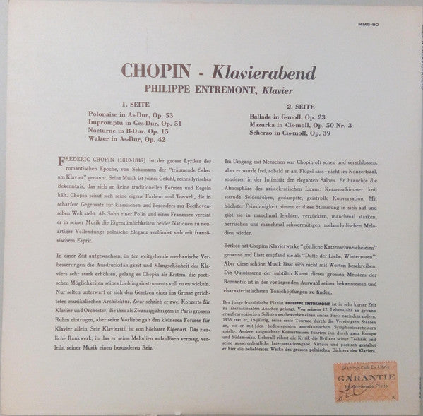 Frédéric Chopin — Philippe Entremont : Klavierabend (10", Mono)