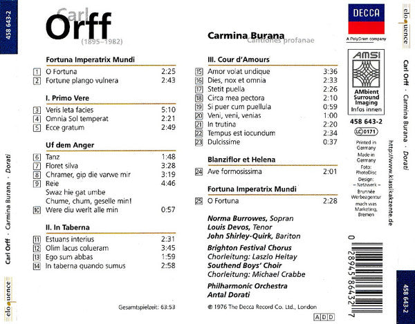Carl Orff, Norma Burrowes, Louis Devos, John Shirley-Quirk, Brighton Festival Chorus, Royal Philharmonic Orchestra, Antal Dorati : Carmina Burana (CD, Album, RE, RP)