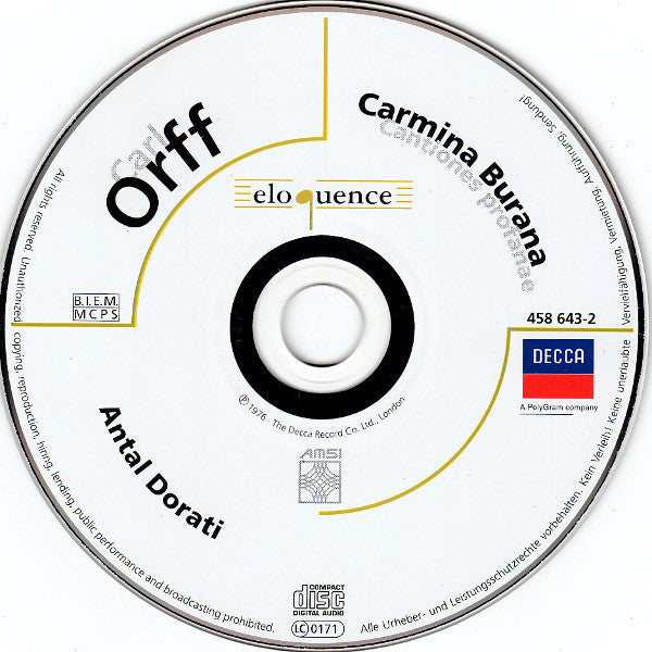 Carl Orff, Norma Burrowes, Louis Devos, John Shirley-Quirk, Brighton Festival Chorus, Royal Philharmonic Orchestra, Antal Dorati : Carmina Burana (CD, Album, RE, RP)