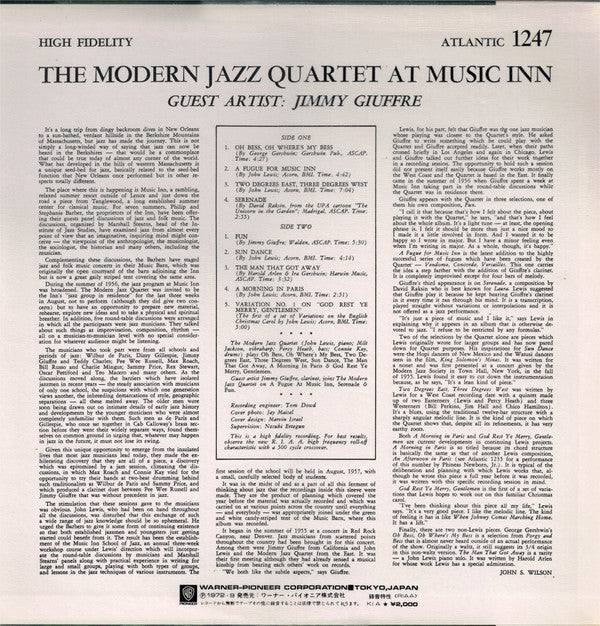 The Modern Jazz Quartet Guest Artist: Jimmy Giuffre : The Modern Jazz Quartet At Music Inn (LP, Album, RE)