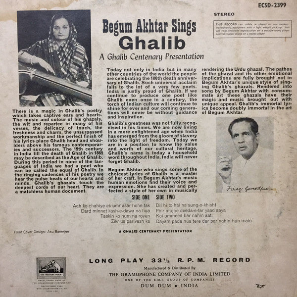 Begum Akhtar : Begum Akhtar Sings Ghalib (LP, Album)