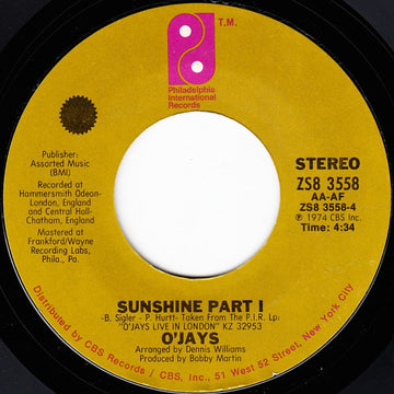 The O'Jays : Sunshine (7", Single, Styrene, Pit)