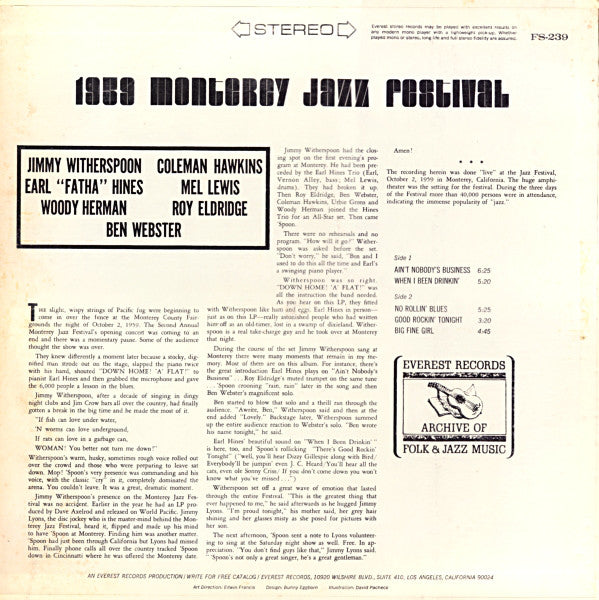 Jimmy Witherspoon, Coleman Hawkins, Earl Hines, Mel Lewis, Woody Herman, Roy Eldridge, Ben Webster : 1959 Monterey Jazz Festival (LP, Album, RE, All)