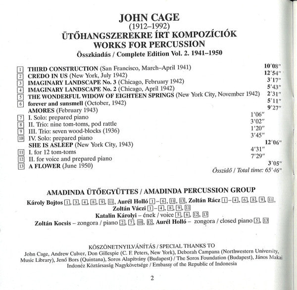 John Cage / Amadinda Percussion Group, Katalin Károlyi, Zoltán Kocsis : Works For Percussion Vol.2 (1941 - 1950) (CD, Album)