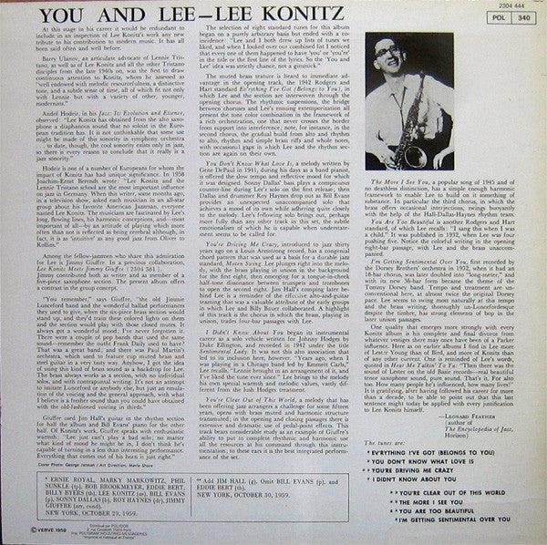 Lee Konitz / Arrangements By Jimmy Giuffre : You And Lee (LP, Album, RE)