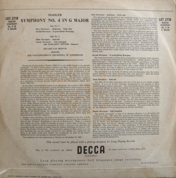 Mahler* - Eduard Van Beinum Conducting The Concertgebouw Orchestra Of Amsterdam* With Margaret Ritchie : Symphony No. 4 In G Major (LP, Mono)