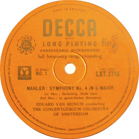 Mahler* - Eduard Van Beinum Conducting The Concertgebouw Orchestra Of Amsterdam* With Margaret Ritchie : Symphony No. 4 In G Major (LP, Mono)