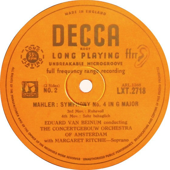 Mahler* - Eduard Van Beinum Conducting The Concertgebouw Orchestra Of Amsterdam* With Margaret Ritchie : Symphony No. 4 In G Major (LP, Mono)