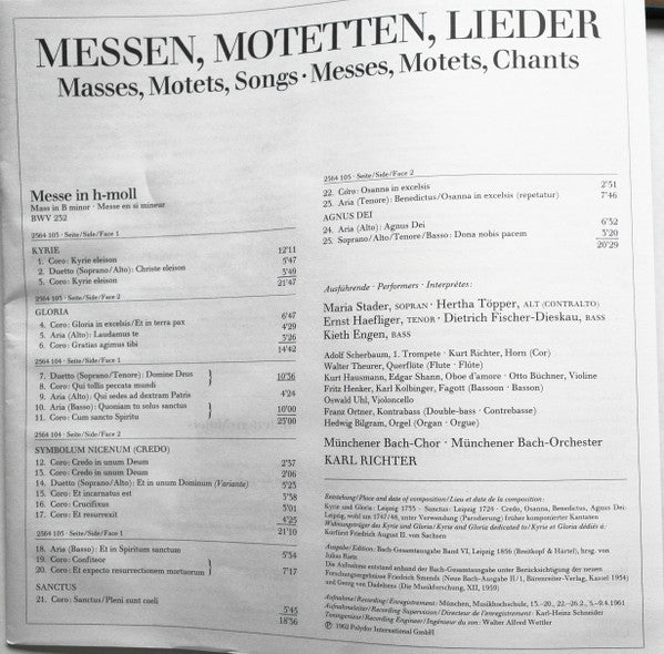 Johann Sebastian Bach : Messen, Motetten, Lieder - Masses, Motets, Songs - Messes, Motets, Chants (8xLP, Comp + Box)
