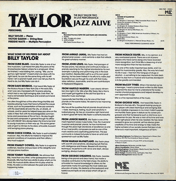 Billy Taylor, Billy Taylor Trio : Jazz Alive: The Billy Taylor Trio In Live Performance (LP, Album)