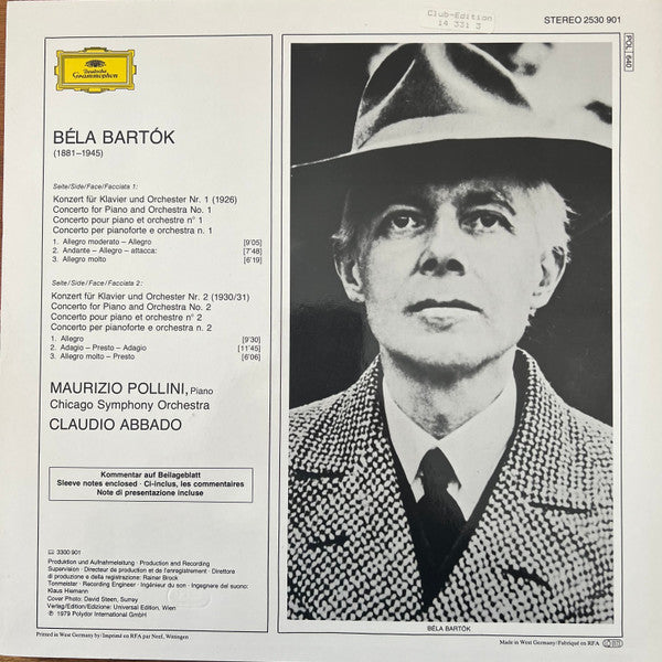 Béla Bartók - Chicago Symphony Orchestra, Maurizio Pollini • Claudio Abbado : Klavierkonzerte = Piano Concertos 1 + 2 (LP, Album, Pri)