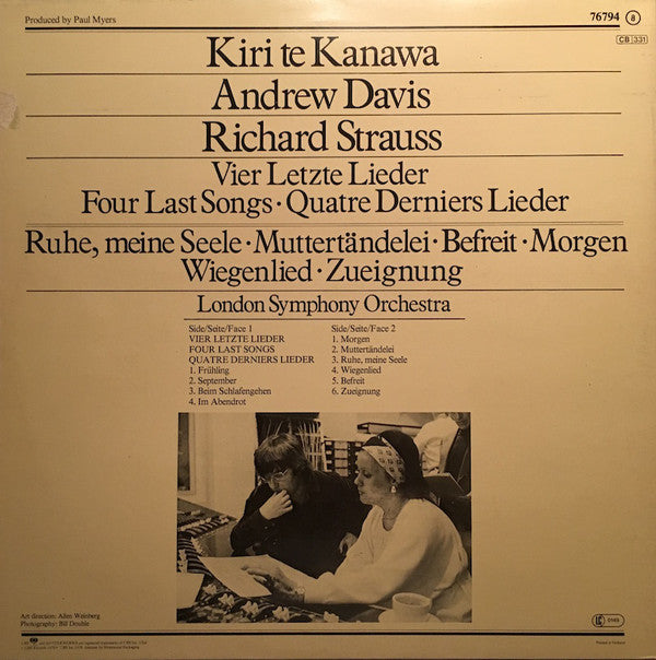 Richard Strauss - Kiri Te Kanawa, Andrew Davis, London Symphony Orchestra : Four Last Songs · Vier Letzte Lieder · Quatre Derniers Lieder (LP)