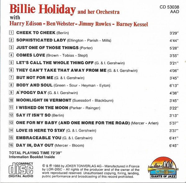 Billie Holiday And Her Orchestra : Billie Holiday And Her Orchestra (CD, Comp)