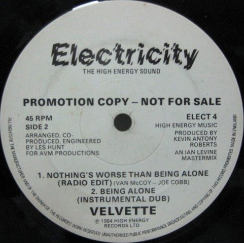Velvette (2) : Nothing's Worse Than Being Alone (12", Promo)