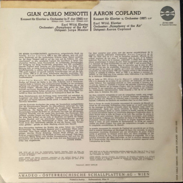 Aaron Copland, Gian Carlo Menotti : Klavierkonzerte (LP, Mono)