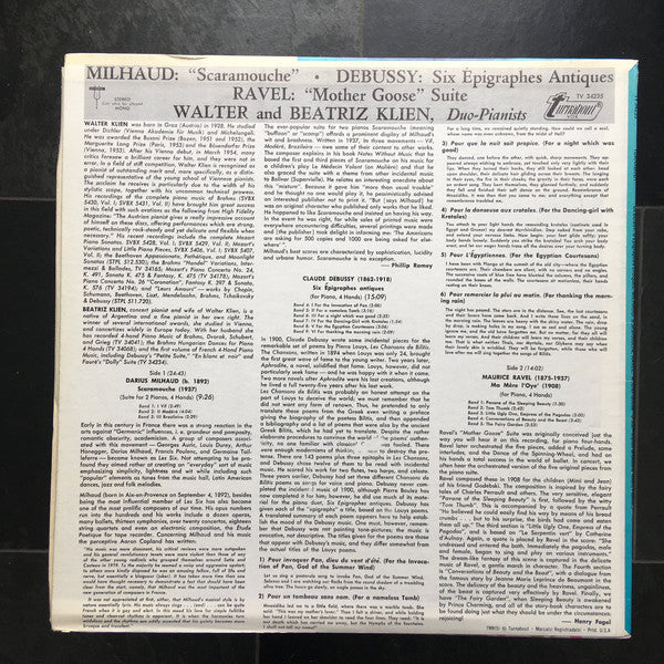 Claude Debussy / Darius Milhaud / Maurice Ravel, Walter Klien & Beatriz Klien : Six Épigraphes Antiques / Scaramouche / "Mother Goose" Suite (LP, Album)