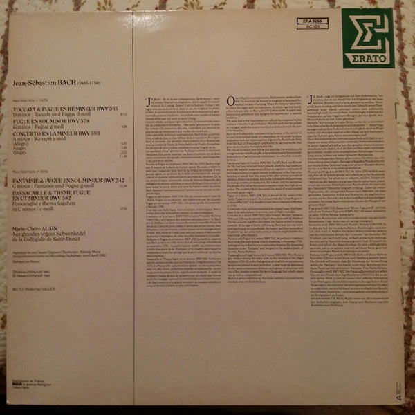 Johann Sebastian Bach - Marie-Claire Alain : Toccata & Fugue En Ré Mineur / D Minor / D-Moll BWV 565 — Passacaglia En Ut Mineur / C Minor / C-Moll BWV 582 (LP, Album, Ltd, Gat)
