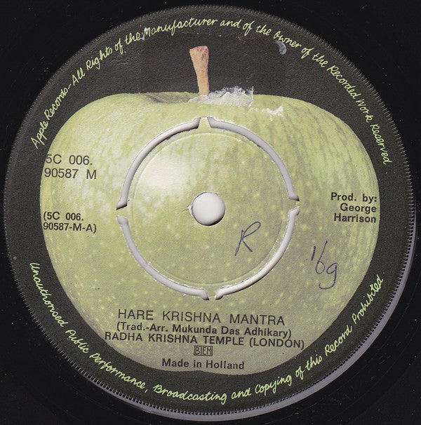The Radha Krsna Temple : Hare Krishna Mantra (7", Single, Mono)