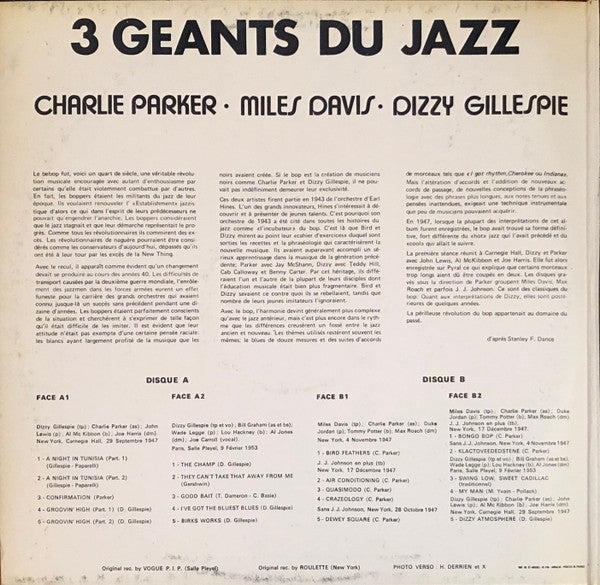Charlie Parker, Miles Davis, Dizzy Gillespie : 3 Geants Du Jazz (2xLP, Comp)