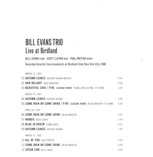 The Bill Evans Trio : The 1960 Birdland Sessions (CD, Album, RE, Dig)