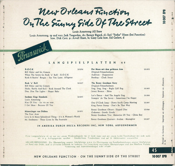 Louis Armstrong And His All-Stars : New Orleans Function / On The Sunny Side Of The Street (7", EP, Mono, RP, 8. )